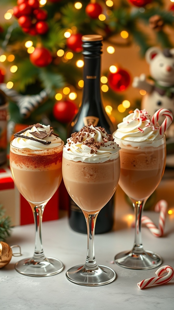 Three festive Baileys cocktails with whipped cream and holiday garnishes on a decorated table.